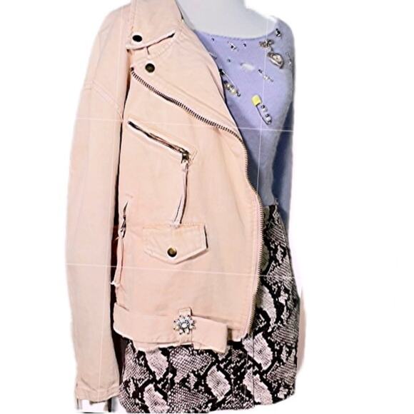 Women Reworked blush denim Custom Free People Motto jacket gold brass tone studs - Picture 4 of 16